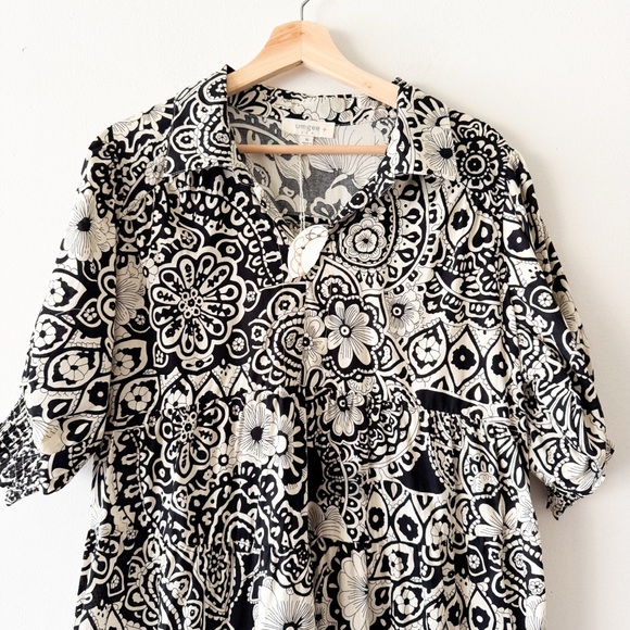 Umgee Floral Black and Cream Smocked Cuff Puff Sleeve Midi Dress Size XL - Picture 5 of 8